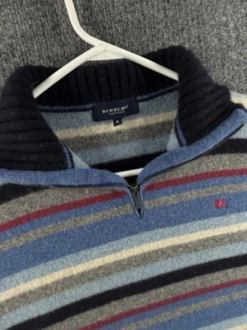 Burberry London 8 Long Sleeve Logo 1/4 Zip Striped Pullover Blue Gray Wool Mens